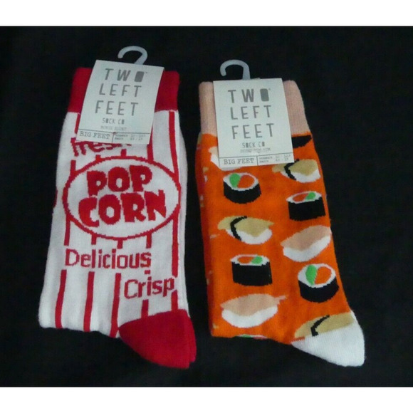 Two Left Feet Novelty Socks Movie Popcorn Sushi 2 Pair NWT Big Feet Men's 8.5-13 - Picture 1 of 4